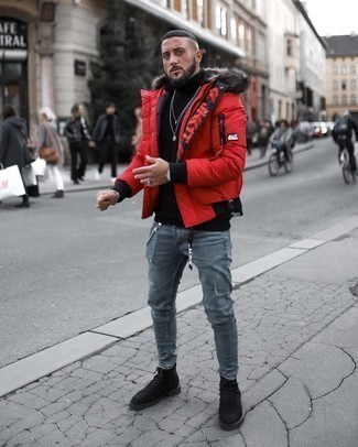 Men's Red Puffer Jacket, Black Wool Turtleneck, Blue Ripped Skinny Jeans, Black Suede Casual Boots