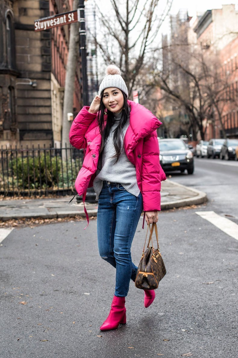Women's Hot Pink Puffer Jacket, Grey Turtleneck, Blue Ripped Skinny Jeans, Hot  Pink Leather Ankle Boots