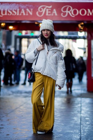 Mustard Wide Leg Pants with White and Navy Outerwear Outfits (3 ideas &  outfits)