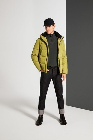 Olive Zip Neck Sweater Outfits For Men: Reach for an olive zip neck sweater and black jeans for an everyday ensemble that's full of charm and character. In the footwear department, go for something on the classier end of the spectrum by rocking black leather chelsea boots.