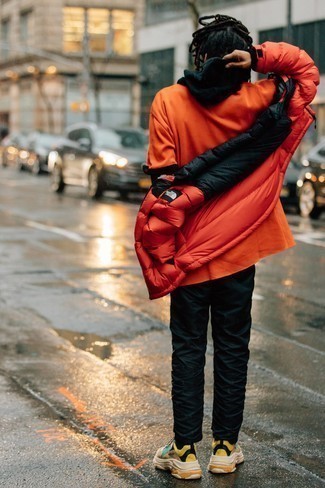 Men's Red Puffer Jacket, Orange Fleece Zip Sweater, Black Hoodie, Navy Chinos