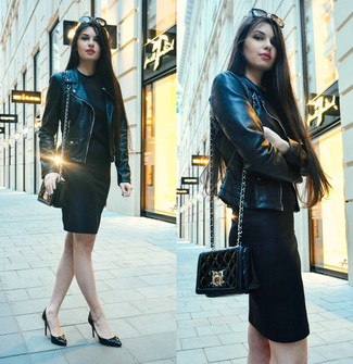 Women's Black Quilted Leather Crossbody Bag, Black Leather Pumps, Black Bodycon Dress, Black Leather Biker Jacket