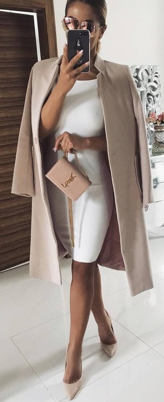 Women's Pink Suede Crossbody Bag, Beige Leather Pumps, White Bodycon Dress, Beige Coat