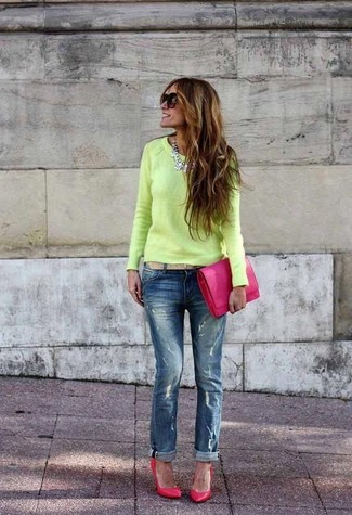 Green-Yellow Crew-neck Sweater Outfits For Women: 