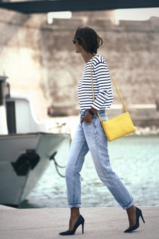 Women's Yellow Leather Crossbody Bag, Black Leather Pumps, Light Blue Boyfriend Jeans, White and Navy Horizontal Striped Long Sleeve T-shirt