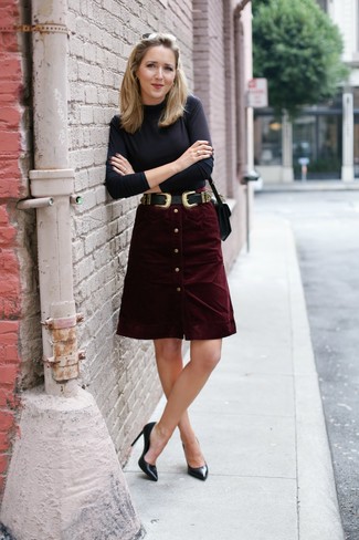 Burgundy Button Skirt Outfits: 