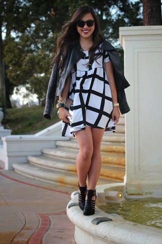 Women's Silver Leather Clutch, Black Cutout Leather Pumps, White and Black Check Casual Dress, Black Leather Biker Jacket