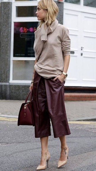 Women's Burgundy Leather Satchel Bag, Beige Leather Pumps, Burgundy Leather Culottes, Beige Crew-neck Sweater