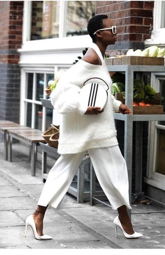 Women's White and Black Leather Clutch, White Leather Pumps, White Culottes, White Textured Oversized Sweater