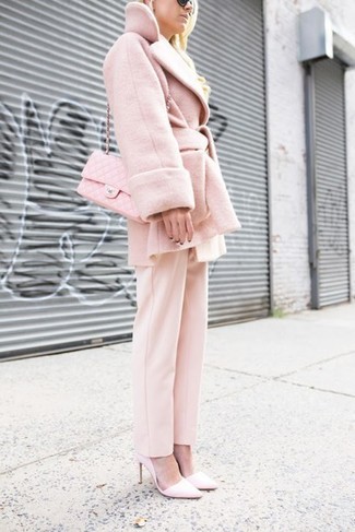 Women's Pink Quilted Leather Crossbody Bag, Pink Leather Pumps, Pink Dress Pants, Pink Coat