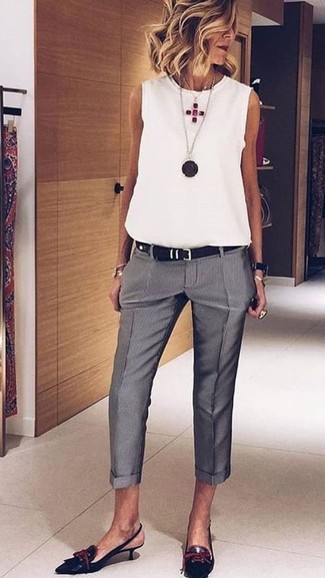 White and Black Sleeveless Top with Dress Pants Outfits: 