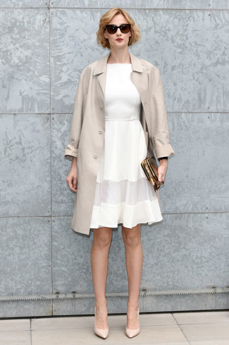 Women's Gold Leather Clutch, Beige Leather Pumps, White Fit and Flare Dress, Beige Trenchcoat