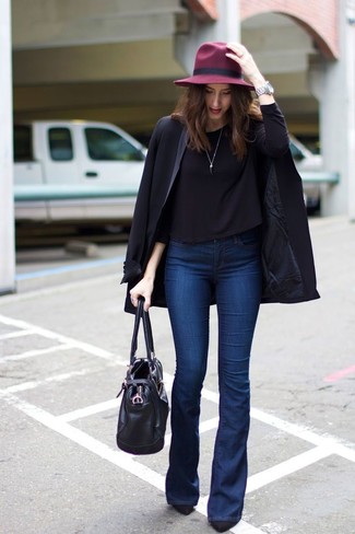 Women's Black Leather Tote Bag, Black Suede Pumps, Navy Flare Jeans, Black Long Sleeve T-shirt