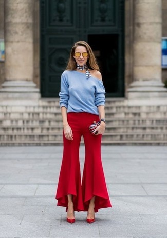 Crew-neck Sweater with Flare Pants Outfits: 