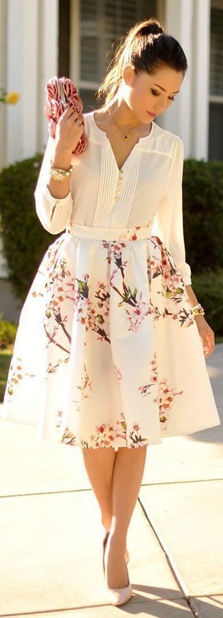 Women's Pink Satin Clutch, Beige Leather Pumps, White Floral Full Skirt, White Button Down Blouse