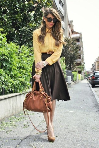 Women's Tobacco Leather Satchel Bag, Tan Suede Pumps, Dark Brown Full Skirt, Yellow Dress Shirt