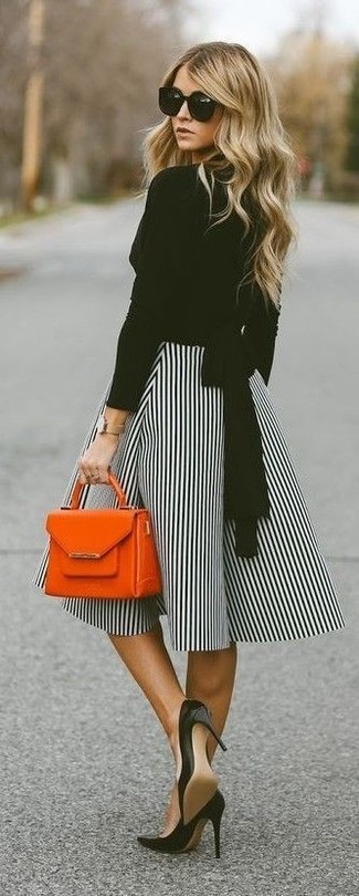 Women's Orange Leather Handbag, Black Leather Pumps, White and Black Vertical Striped Full Skirt, Black Long Sleeve Blouse