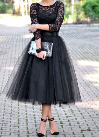 Women's Silver Leather Clutch, Black Suede Pumps, Black Tulle Full Skirt, Black Lace Long Sleeve T-shirt