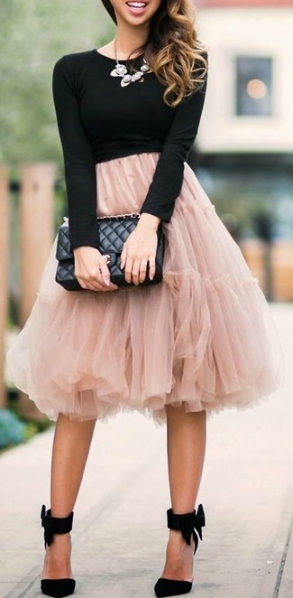 Women's Black Quilted Leather Satchel Bag, Black Suede Pumps, Pink Tulle Full Skirt, Black Long Sleeve T-shirt