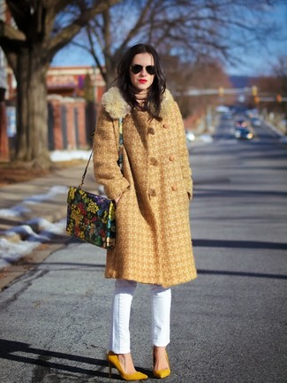 Women's Multi colored Floral Handbag, Yellow Suede Pumps, White Jeans, Camel Tweed Coat