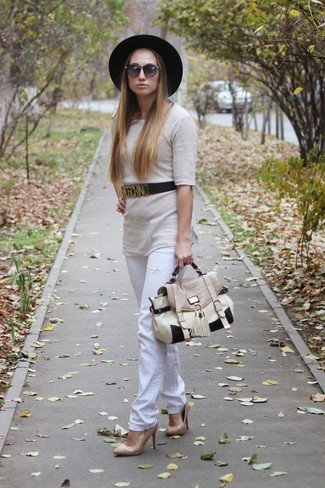Women's Beige Leather Satchel Bag, Beige Embellished Suede Pumps, White Jeans, Beige Crew-neck Sweater