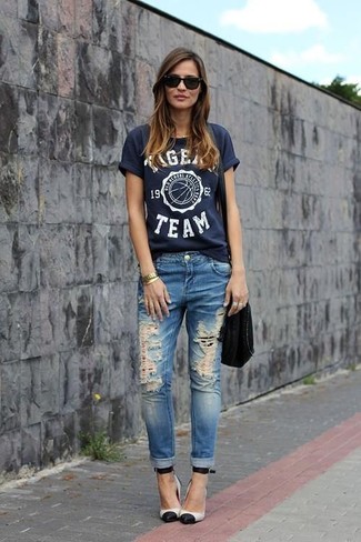 Women's Black Suede Crossbody Bag, White and Black Leather Pumps, Blue Ripped Jeans, Navy Print Crew-neck T-shirt