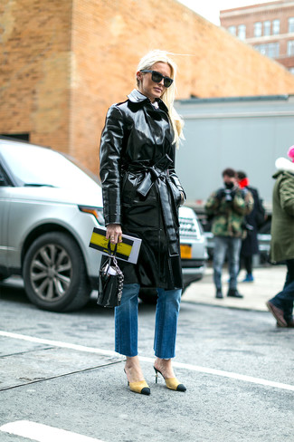 Women's Black Leather Handbag, Yellow Suede Pumps, Blue Jeans, Black Leather Trenchcoat