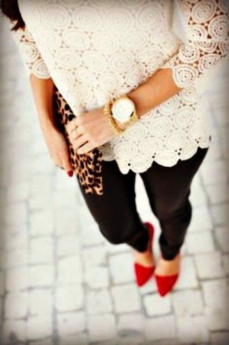Beige Lace Long Sleeve T-shirt Outfits For Women: 