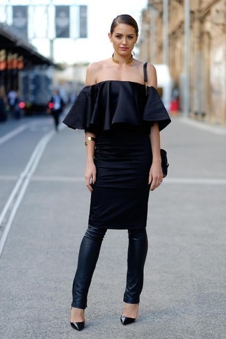 Women's Black Leather Crossbody Bag, Black Leather Pumps, Black Leather Leggings, Black Off Shoulder Dress