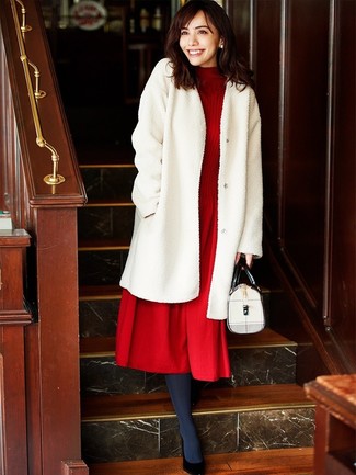 Women's White Leather Satchel Bag, Black Leather Pumps, Red Knit Wool Midi Dress, White Fur Coat