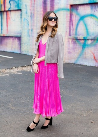 Hot Pink Pleated Midi Dress Outfits: 