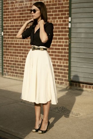 Women's Dark Brown Leather Belt, Black and Gold Suede Pumps, Beige Pleated Midi Skirt, Black Button Down Blouse