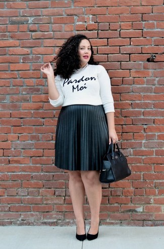 White and Black Crew-neck Sweater Outfits For Women: 