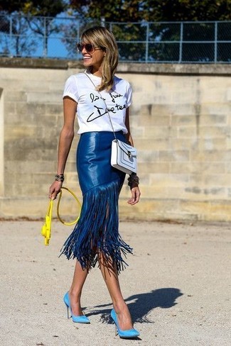 Blue Fringe Leather Midi Skirt Outfits: 