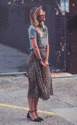 Tan Leopard Midi Skirt Smart Casual Outfits: 