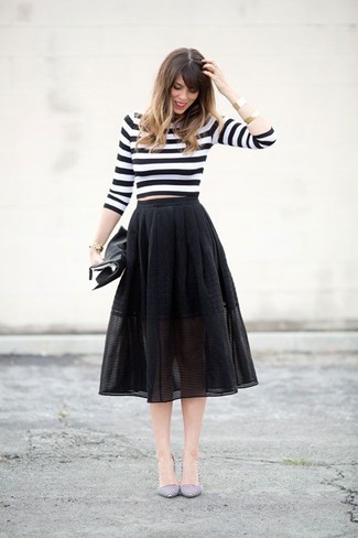 White and Black Horizontal Striped Leather Pumps Outfits: 