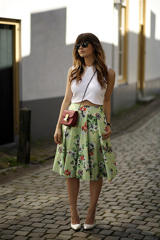 Women's Red Leather Crossbody Bag, White Leather Pumps, Green Floral Midi Skirt, White Cropped Top
