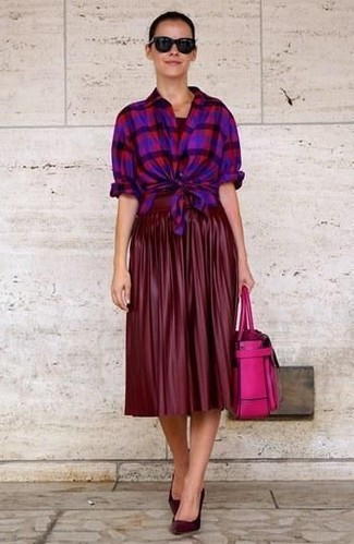 Burgundy Pleated Midi Skirt Outfits: 