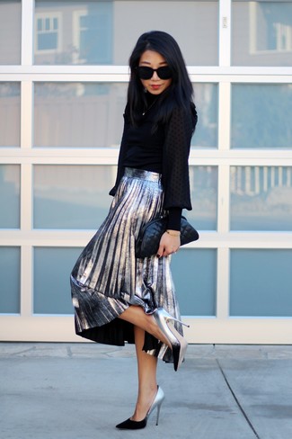 Women's Black Quilted Leather Clutch, Silver Leather Pumps, Silver Pleated Midi Skirt, Black Long Sleeve Blouse