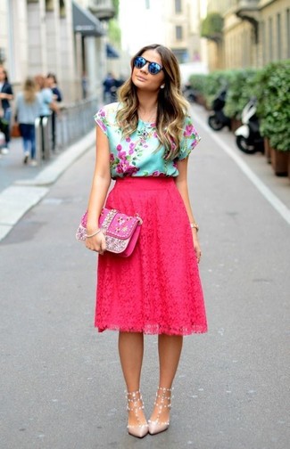 Pink Lace Midi Skirt Outfits: 