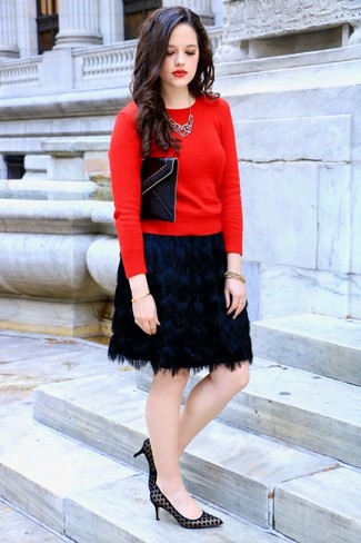 Women's Black Leather Clutch, Black Polka Dot Suede Pumps, Black Fringe Mini Skirt, Red Crew-neck Sweater