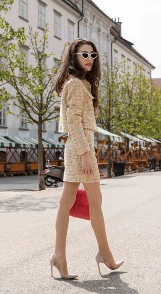 Beige Tweed Mini Skirt Outfits: 