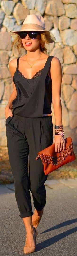 Women's Tobacco Leather Clutch, Tan Leather Pumps, Black Overalls, Black Lace Tank