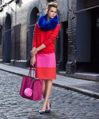 Women's Hot Pink Leather Tote Bag, Blue Snake Leather Pumps, Hot Pink Pencil Skirt, Red Crew-neck Sweater