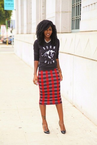 Women's Silver Necklace, Black Leather Pumps, Red Plaid Pencil Skirt, Charcoal Print Crew-neck Sweater