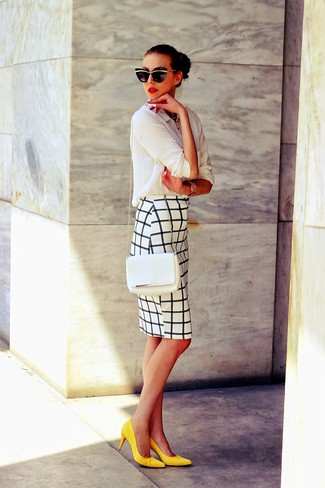Women's White Leather Crossbody Bag, Yellow Suede Pumps, White and Black Check Pencil Skirt, White Dress Shirt
