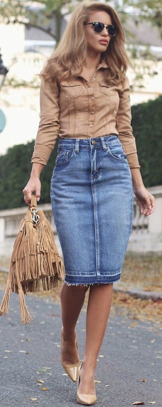 Tan Fringe Suede Bucket Bag Outfits: 