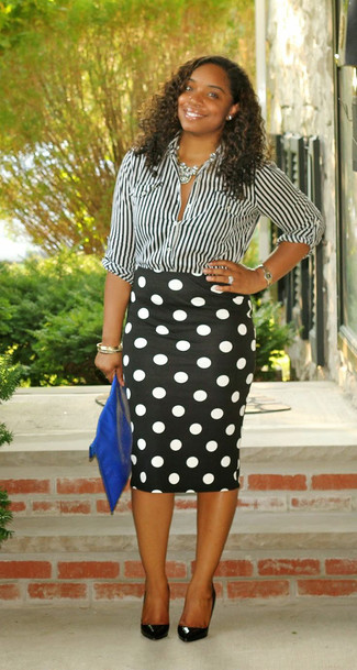 Women's Blue Leather Clutch, Black Leather Pumps, Black and White Polka Dot Pencil Skirt, Black and White Vertical Striped Dress Shirt