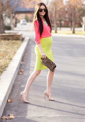 Women's Tan Leopard Suede Clutch, Beige Leather Pumps, Yellow Pencil Skirt, Hot Pink Dress Shirt