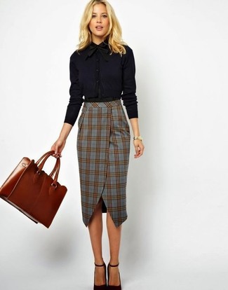 Grey Plaid Pencil Skirt Dressy Outfits: 